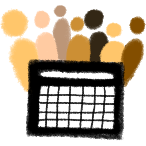 a black AAC device with a blank white grid, surrounded by people drawn as simple icons, in colours including yellow, peach, tan, gold, dark brown and chocolate.